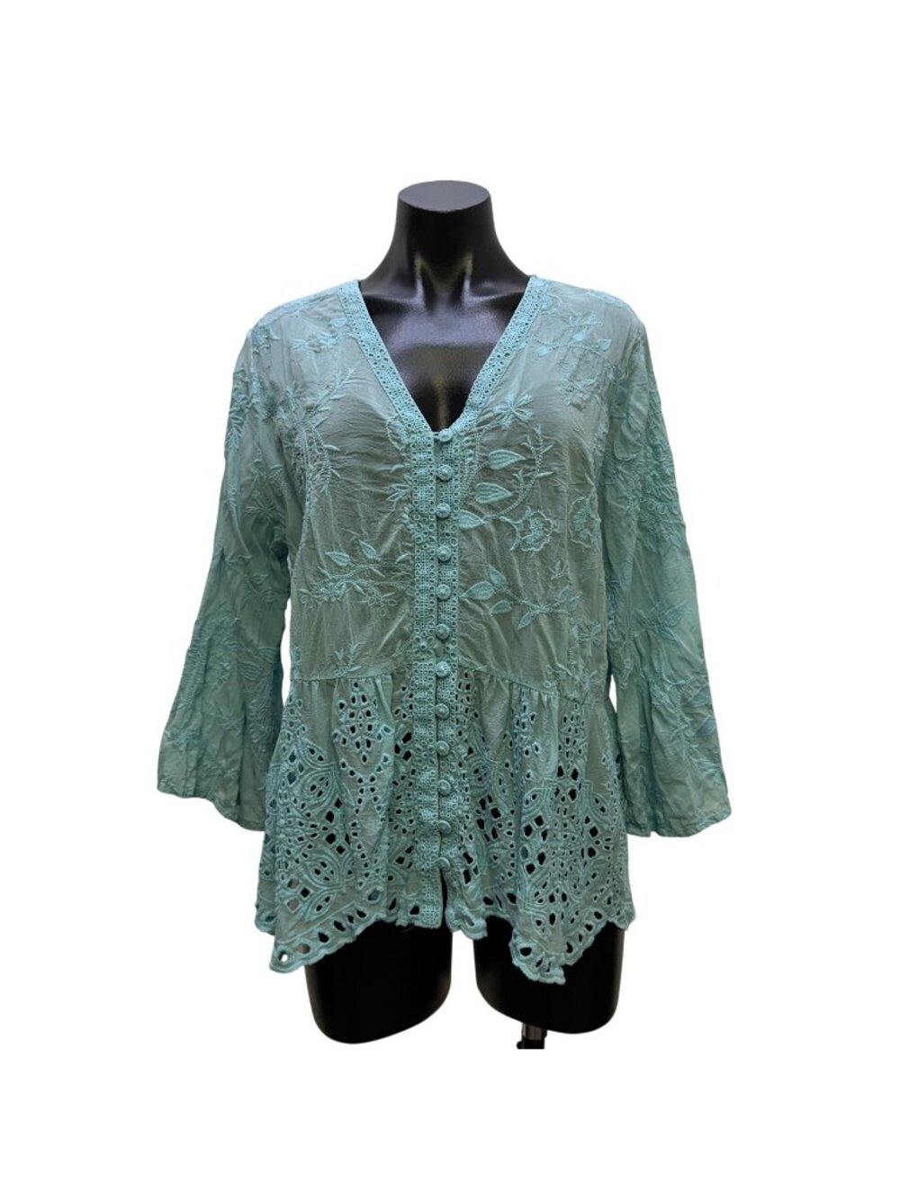 Johnny Was Embroidered Blue Blouse Button Front Tunic XL